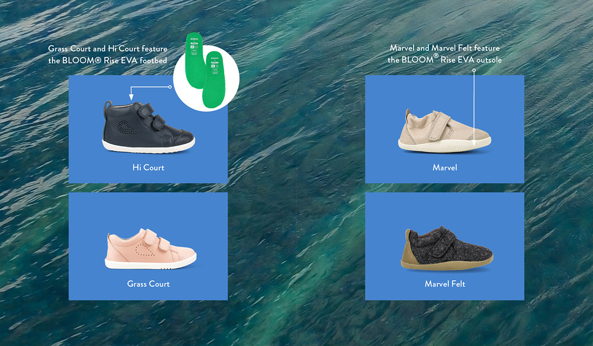 Grass Court and Hi Court Feature the Bloom Rise EVA footbed. Marvel and Marvel Felt feature the Bloom Rise EVA outsole.