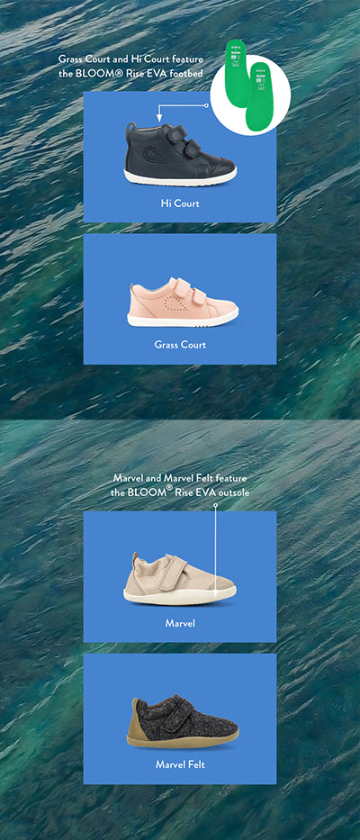 Grass Court and Hi Court Feature the Bloom Rise EVA footbed. Marvel and Marvel Felt feature the Bloom Rise EVA outsole.