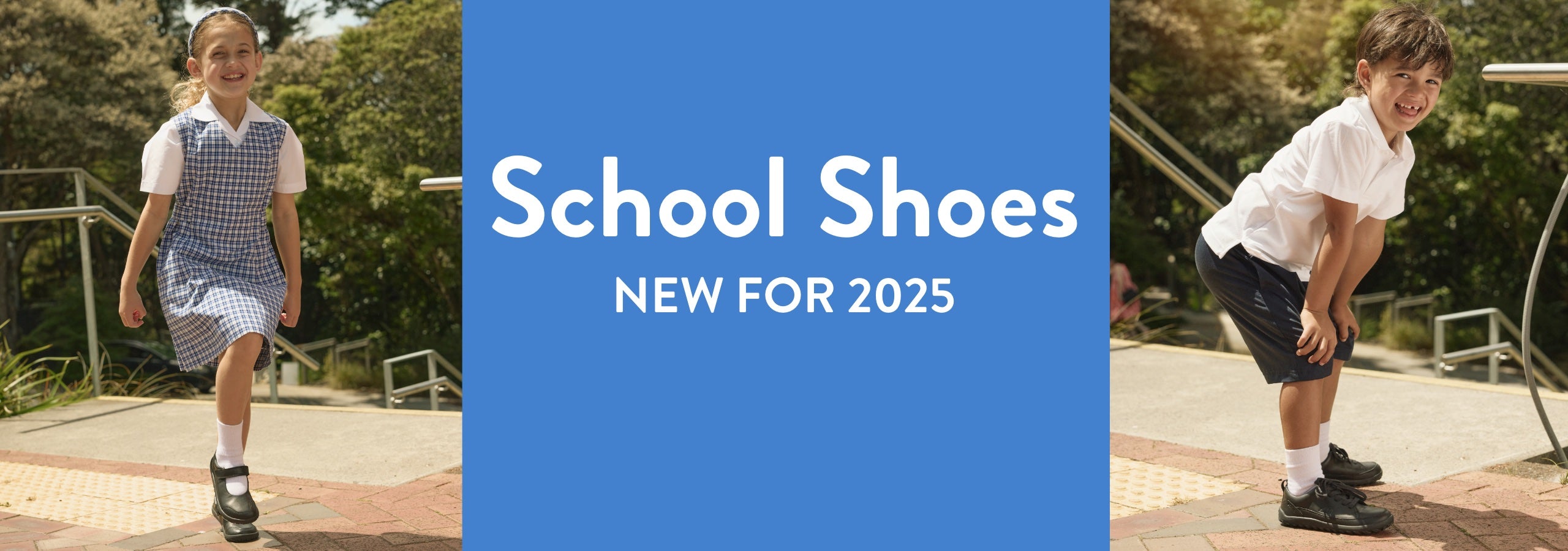 Promotional banner for school shoes new for 2025 with two children wearing school uniforms.
