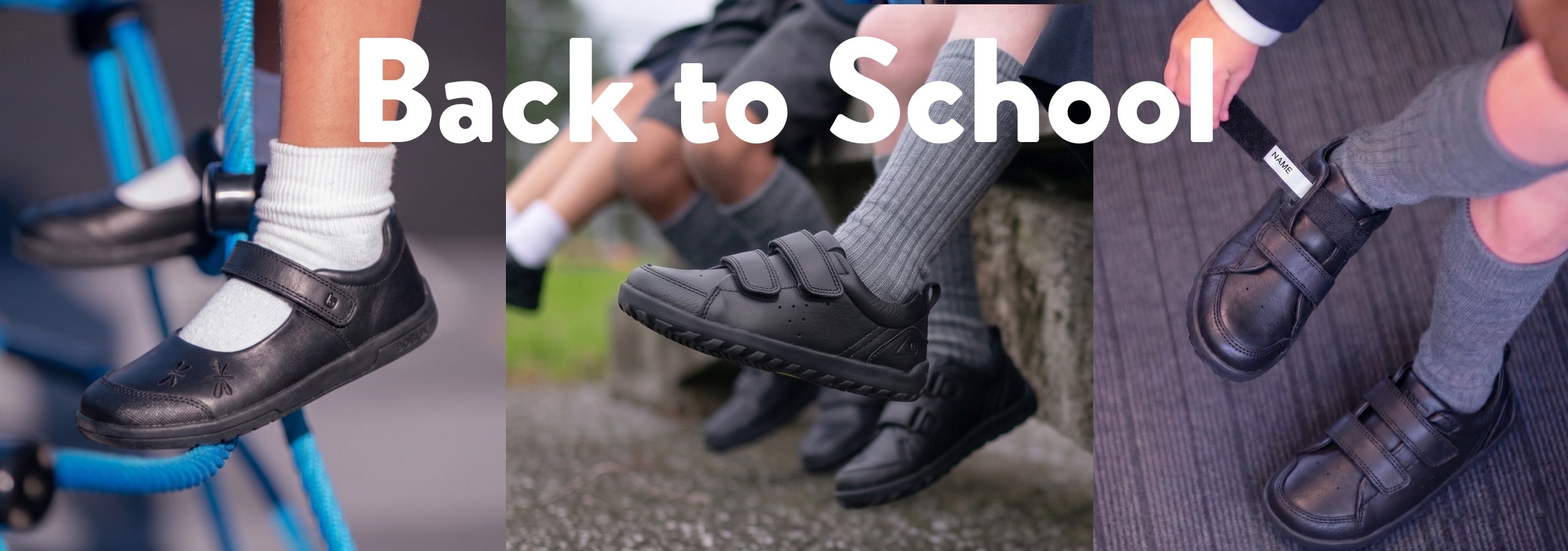 Three-panel collage showing children's feet wearing black school shoes with socks, including one child riding a blue bicycle and two children sitting outdoors. Large white text across the center reads 'Back to School'.