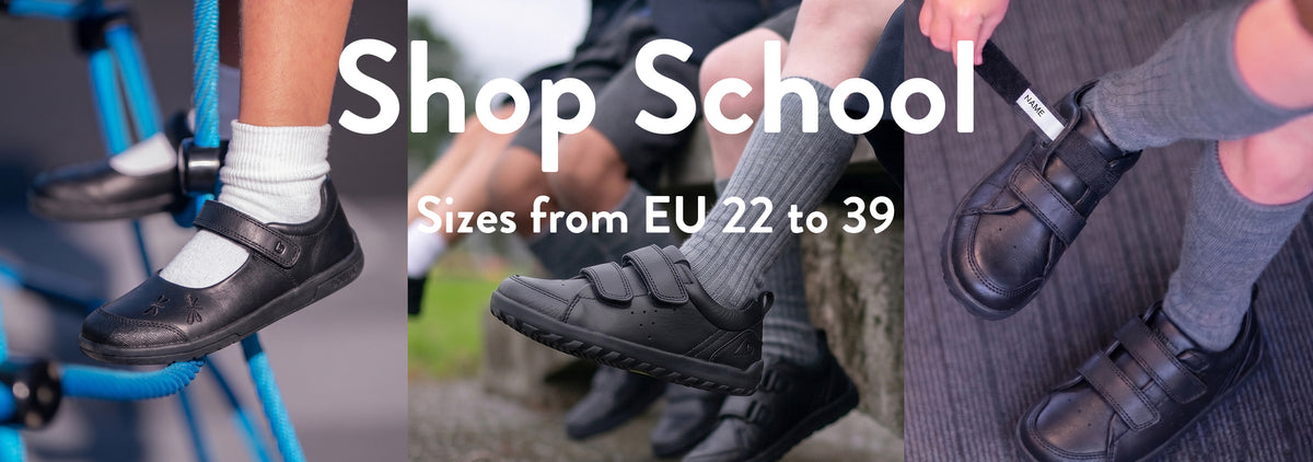 Promotional banner for Bobux school shoes showing multiple close-up views of children's feet wearing black school shoes, with white text reading 'Shop School' and 'Sizes from EU 22 to 39'.