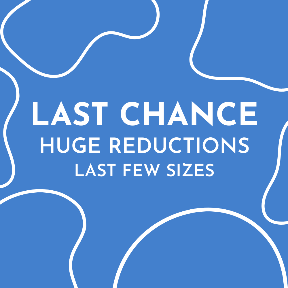 Blue promotional graphic with white text reading 'LAST CHANCE HUGE REDUCTIONS LAST FEW SIZES' and abstract white contour lines.