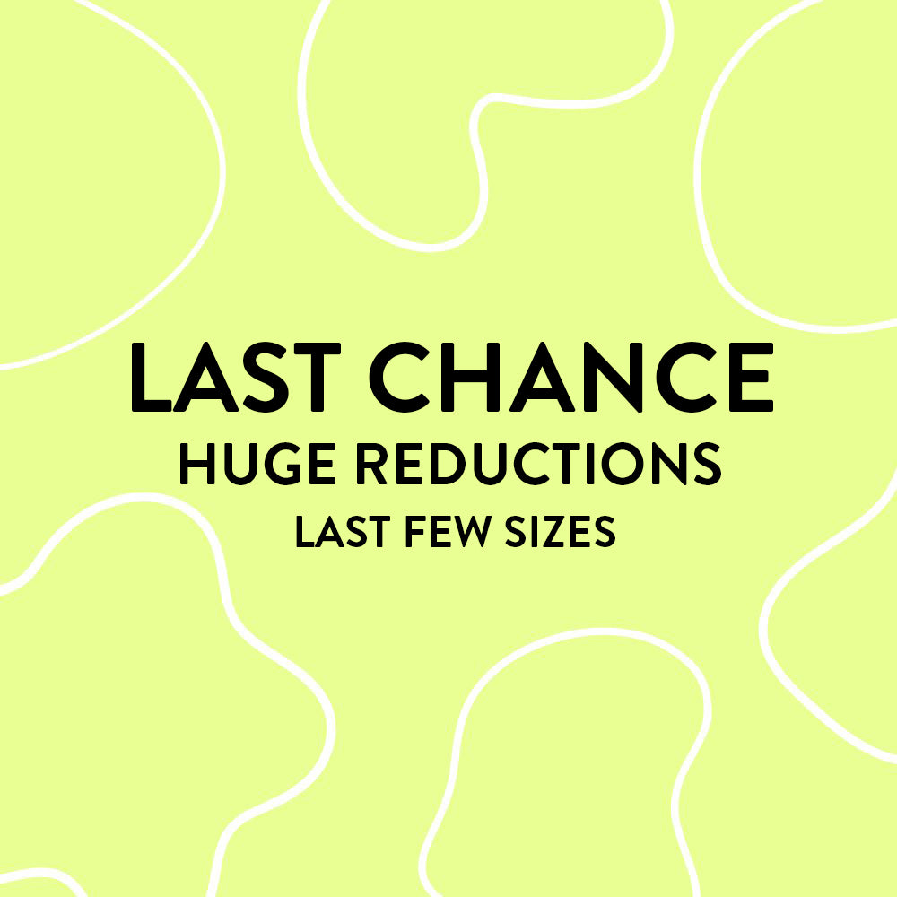 Text on green background with shapes - Last Chance - Huge Reductions - Last Few Sizes