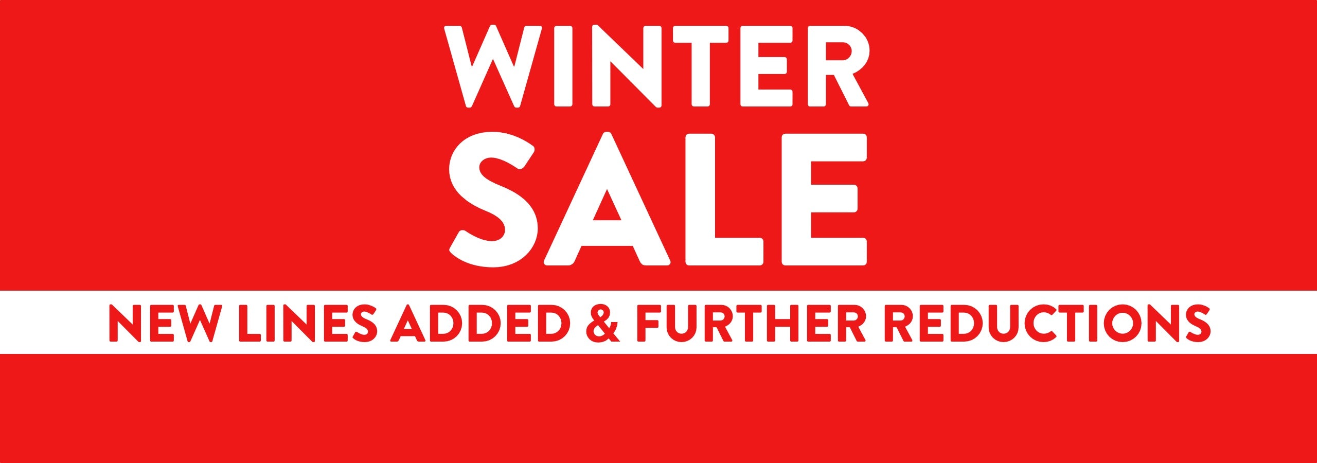 Red banner with white text announcing a winter sale with new lines and further reductions.