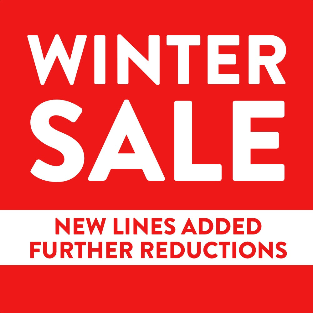 Winter sale advertisement with white text on a red background OFFERING NEW LINES AND FURTHER REDUCTIONS