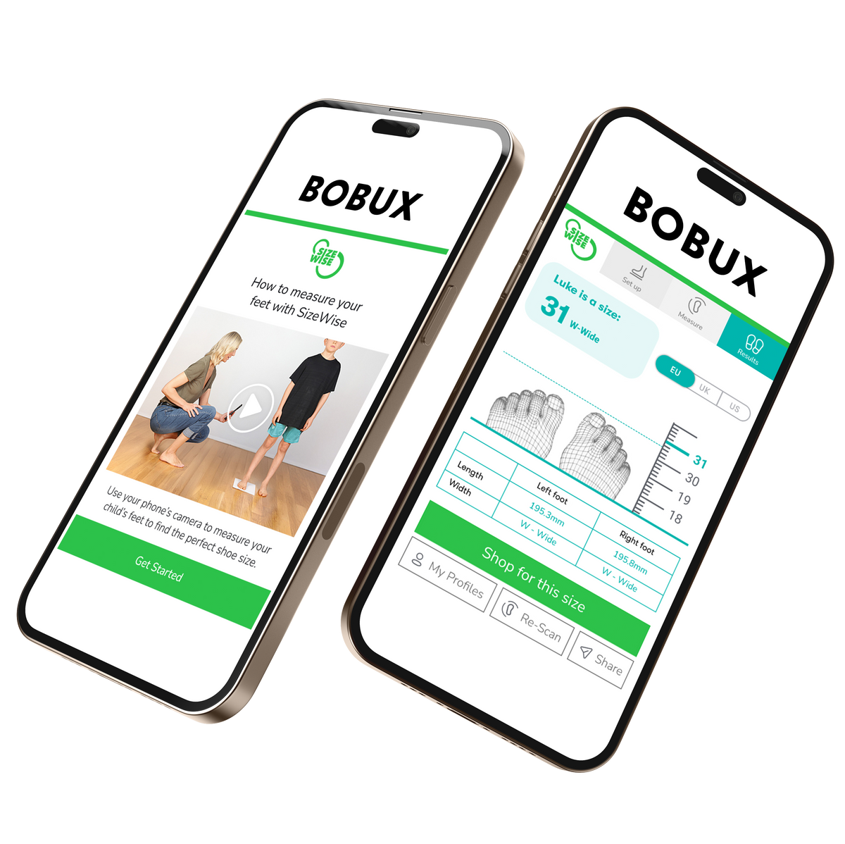 Image of two smartphone screens showing the SizeWise measure at home tool on the Bobux website