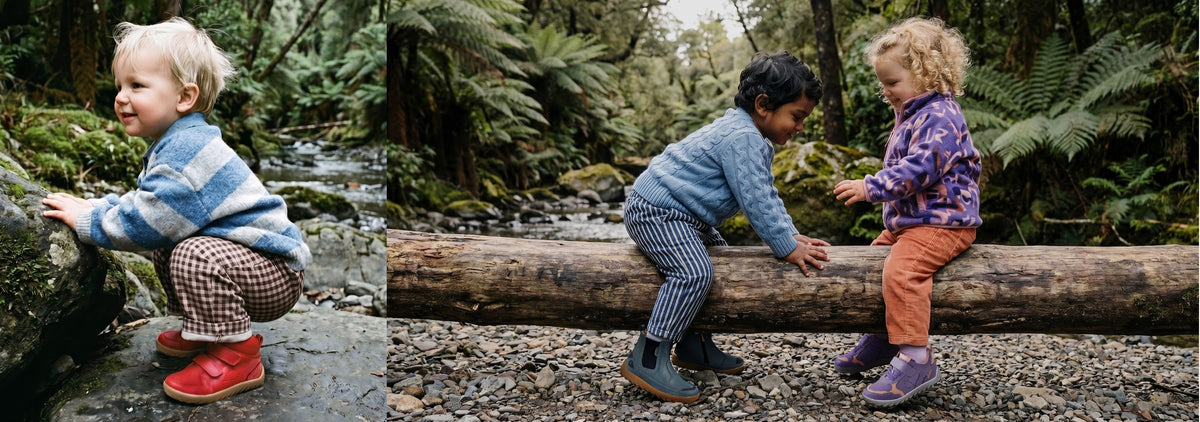 children in a forest wearing different styles of bobux barefoot style shoes