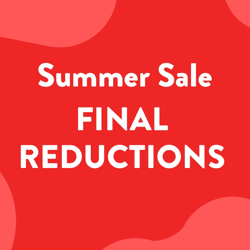 Promotional graphic with the text 'Summer Sale FINAL REDUCTIONS' in white on a bright red background with soft pink abstract shapes.