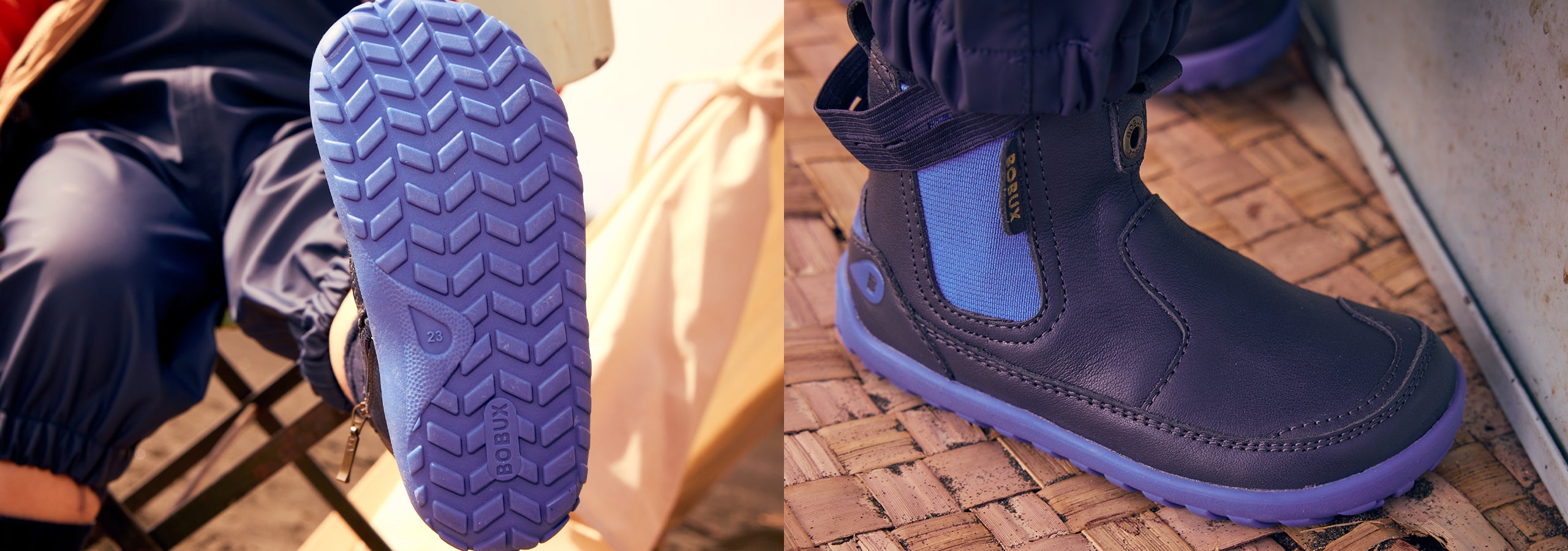 Two images of Bobux Alpha natural movement boots in Blue