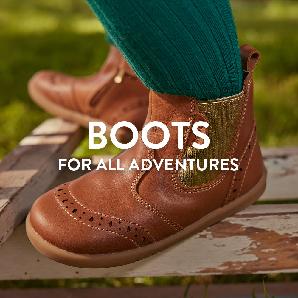 Imagesof a girl's feet wearing brown Bobux boots, with the text 'Boots for all adventures'