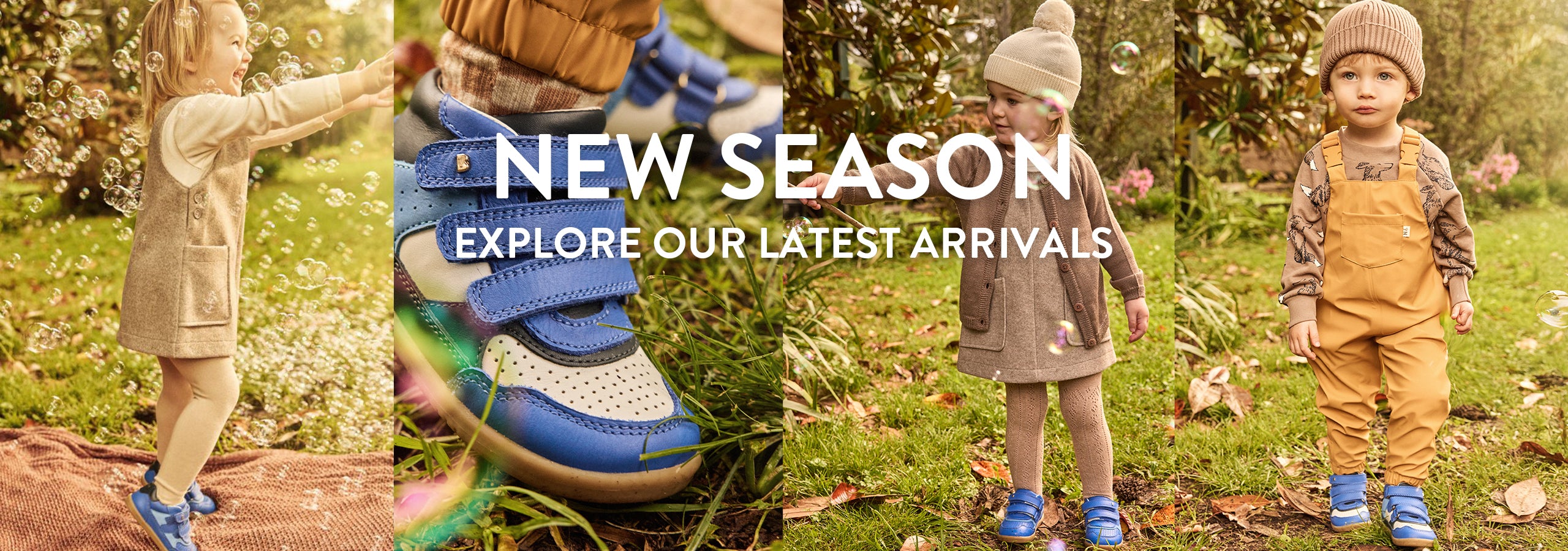 New Season - Explore our Latest Arrivals - images of children wearing blue Bobux shoes and boots