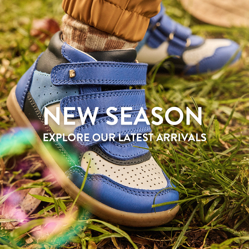 New Season - Explore our Latest Arrivals - images of children wearing blue Bobux shoes and boots