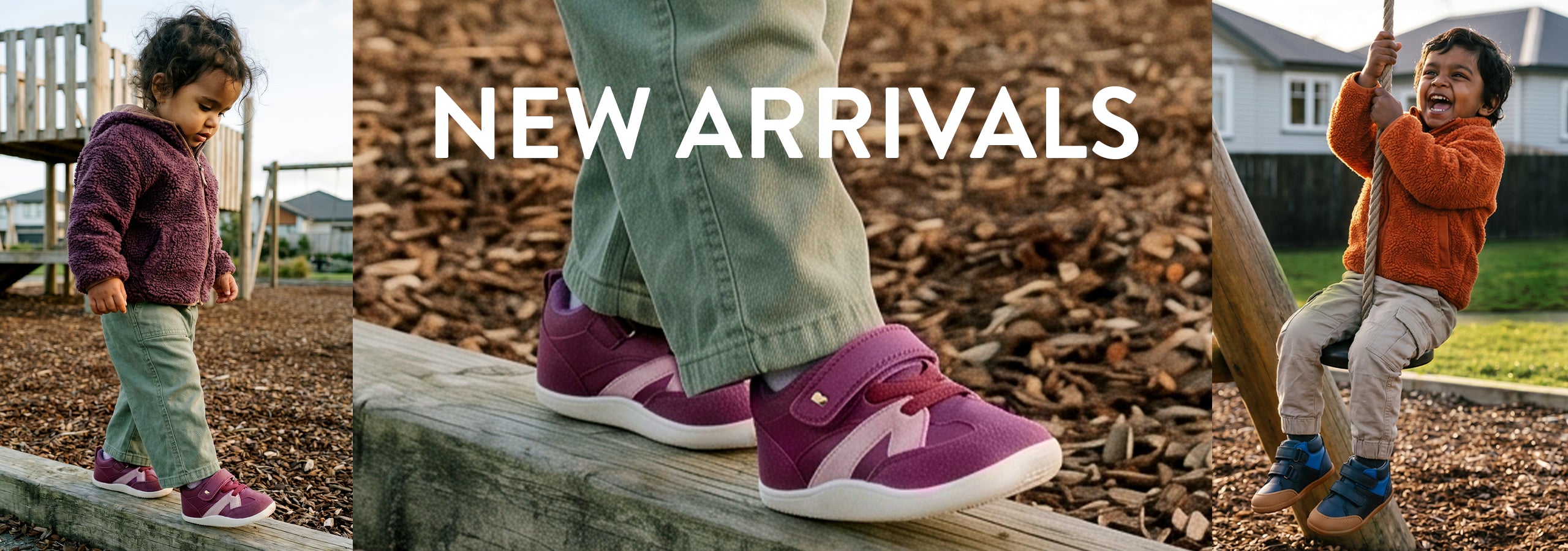 A promotional collage for children's shoes with the text 'NEW ARRIVALS' across the center. The middle panel shows a close-up of a child wearing purple and white sneakers while balancing on a wooden board in a playground.