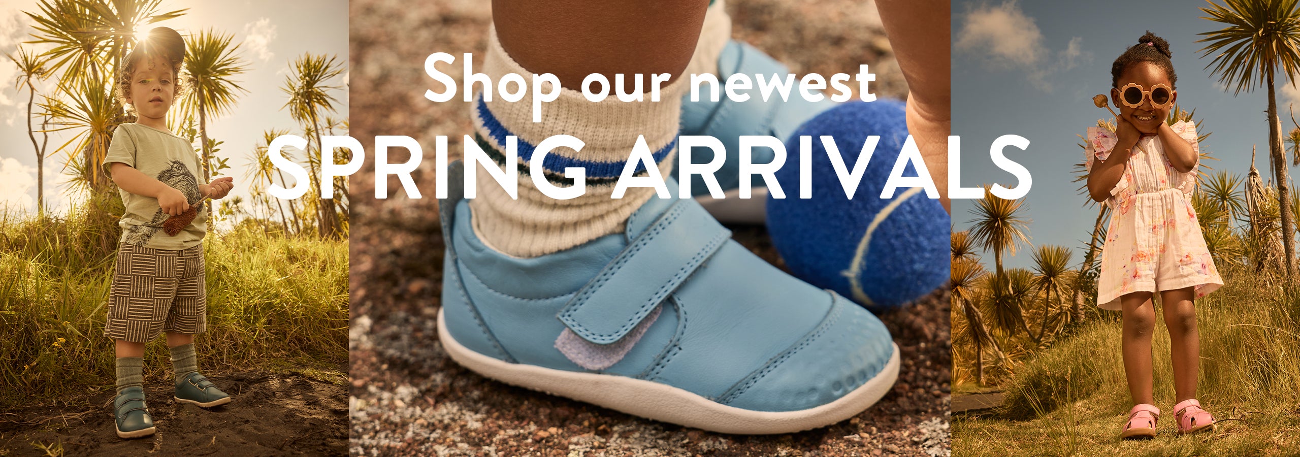 Image of a boy and girl, and a close up of a child's feet all wearing Bobux shoes and sandals, with a text overlay reading 'shop our newest spring arrivals'