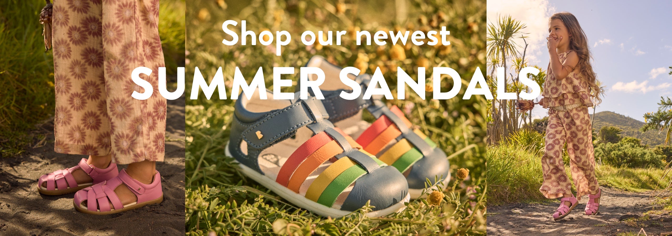 Promotional banner for summer sandals with featuring pink skip twist sandals and a central image of multicolour Tidal Sandals.