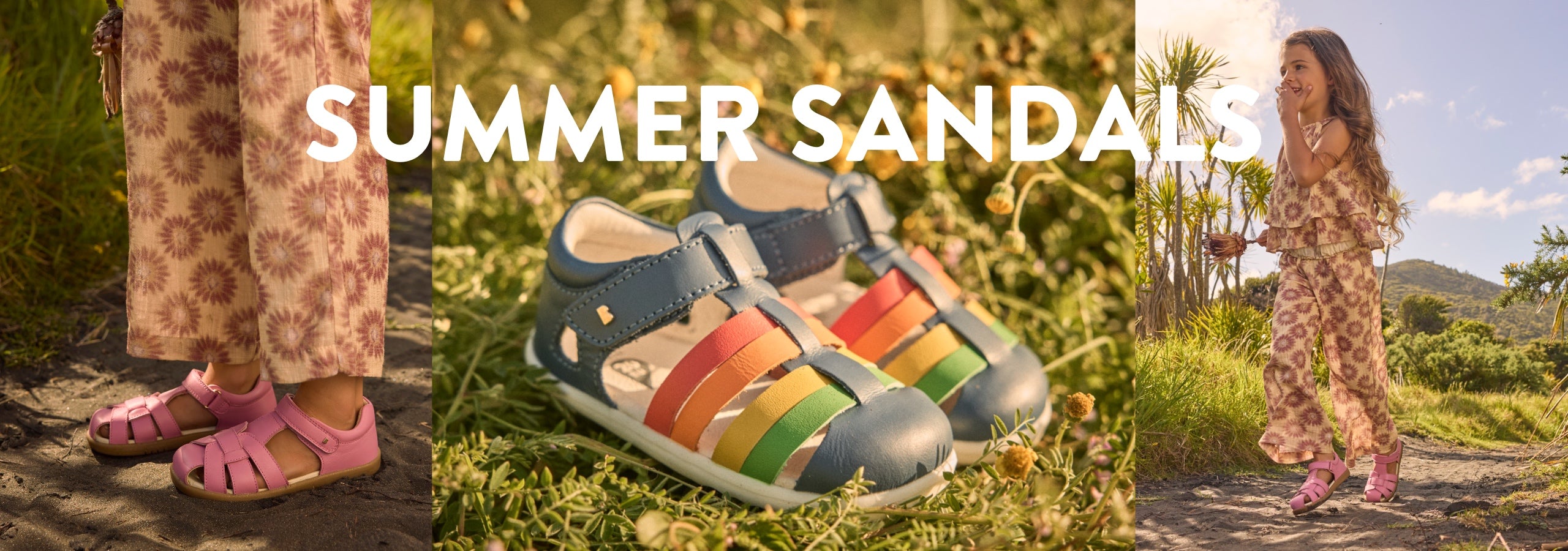 Promotional banner for summer sandals with featuring pink skip twist sandals and a central image of multicolour Tidal Sandals.