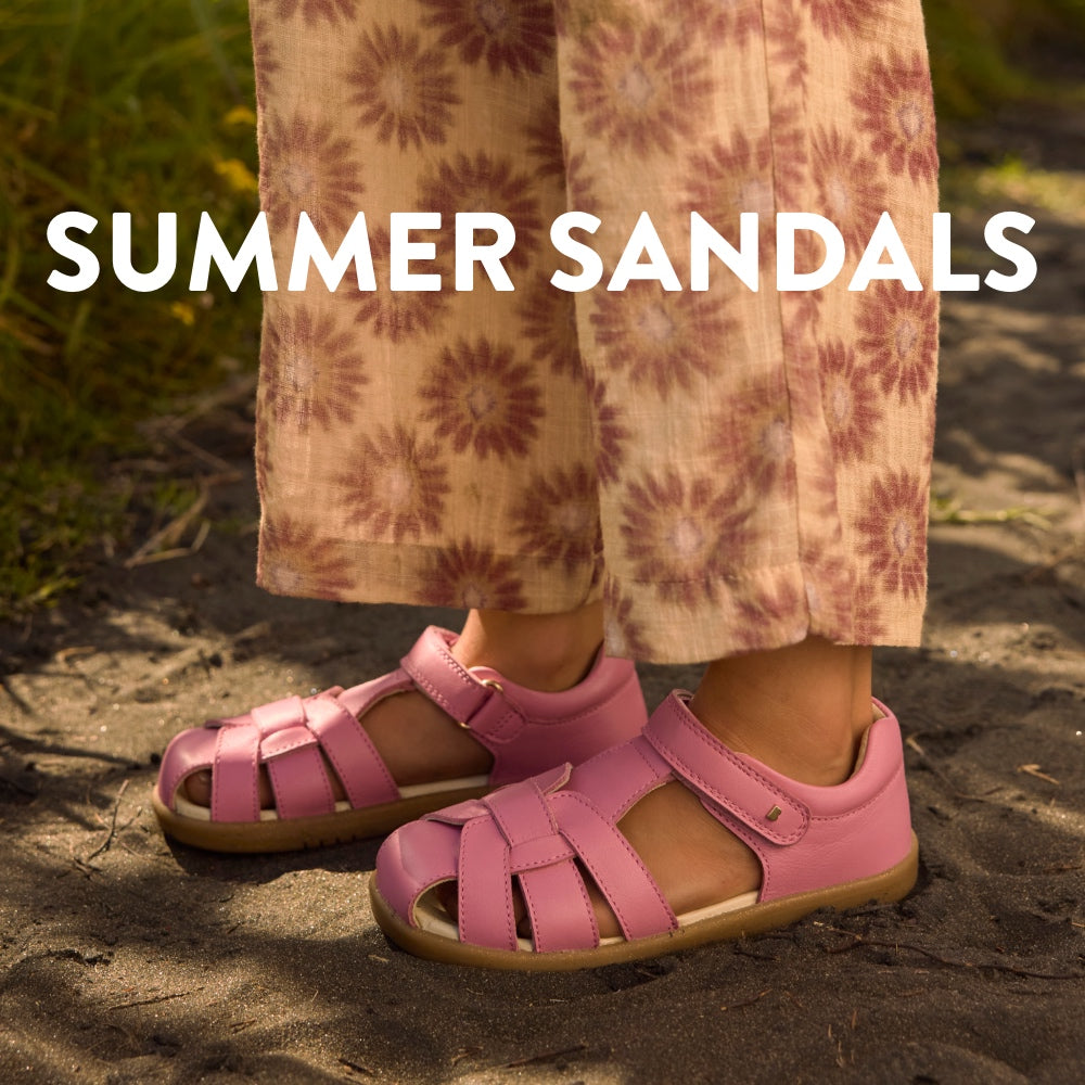 promotional banner for summer sandals featuring pink skip twist sandal