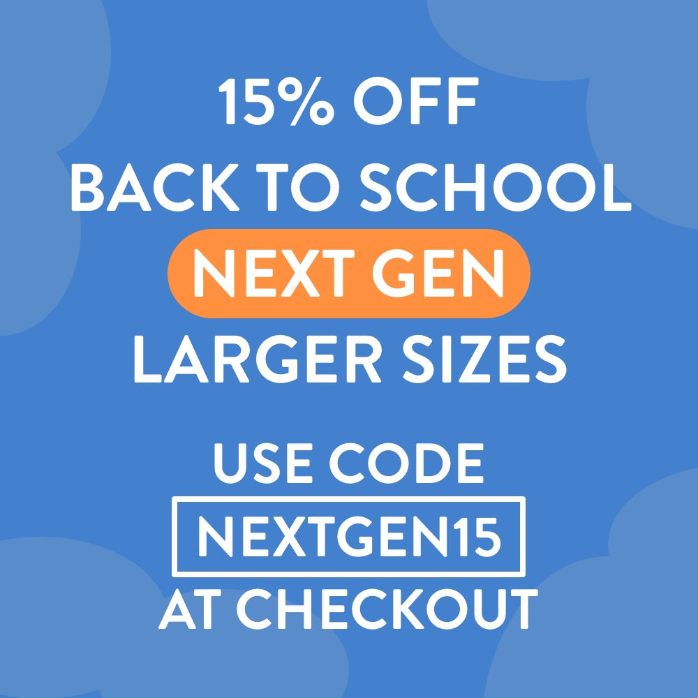 Promotional graphic with blue background and white text reading '15% OFF BACK TO SCHOOL NEXT GEN LARGER SIZES,' plus a boxed code 'NEXTGEN15' and the instruction 'USE CODE NEXTGEN15 AT CHECKOUT.'.