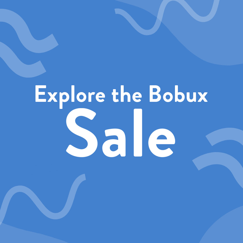 Promotional text 'Explore the Bobux Sale' on a blue background with wavy patterns.
